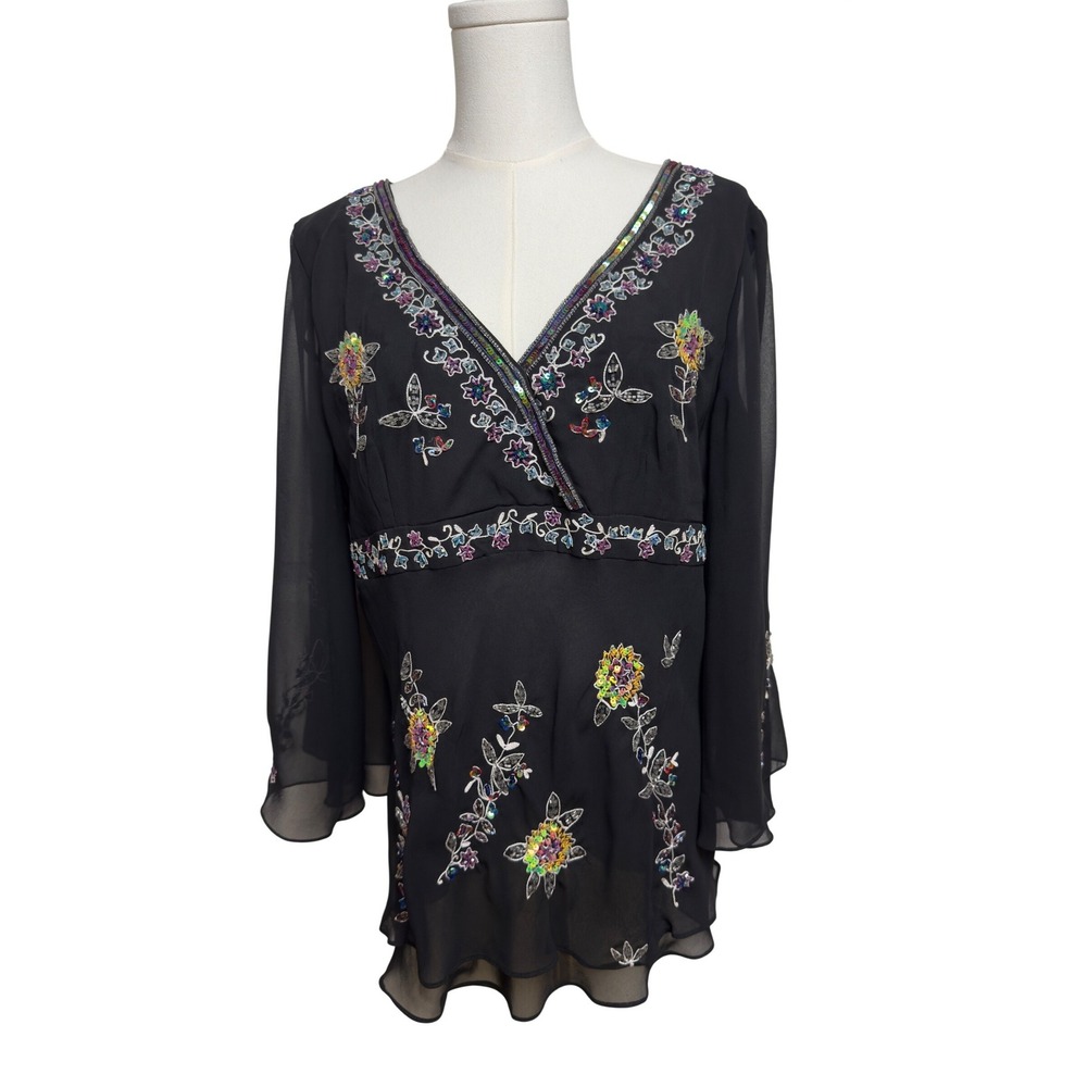 Rita‎ Blue by Eva Blue Black Sequin Floral Embroidered Blouse Sheer Sleeve Sz 16